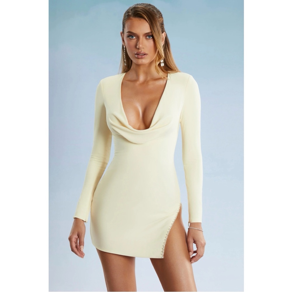 Oh Polly Tate Cowl Neck Mini Dress with Jeweled Slit